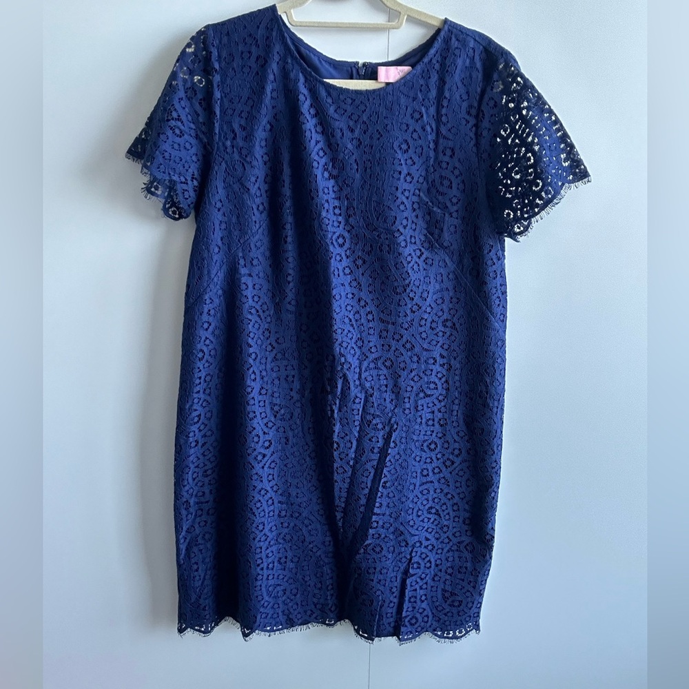 Blue lace cocktail dress with scalloped sleeves and bottom